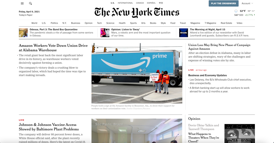 New York Times homepage