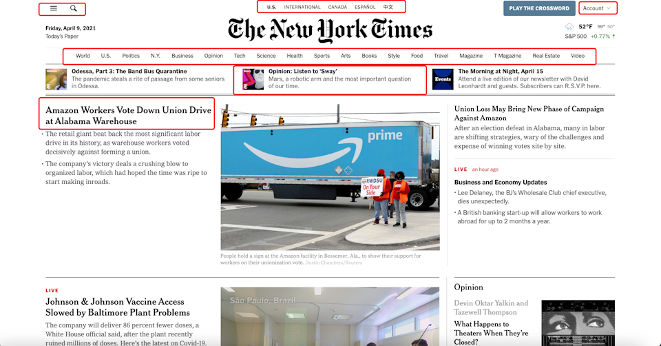 New York Times homepage with red marks for navigation