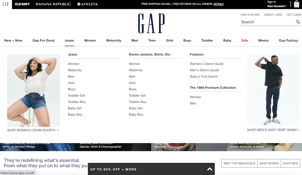 GAP navigation menu example