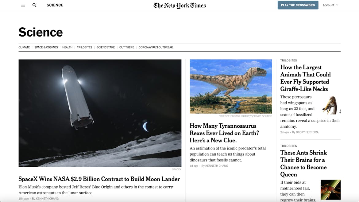 New York Times science section with subpages