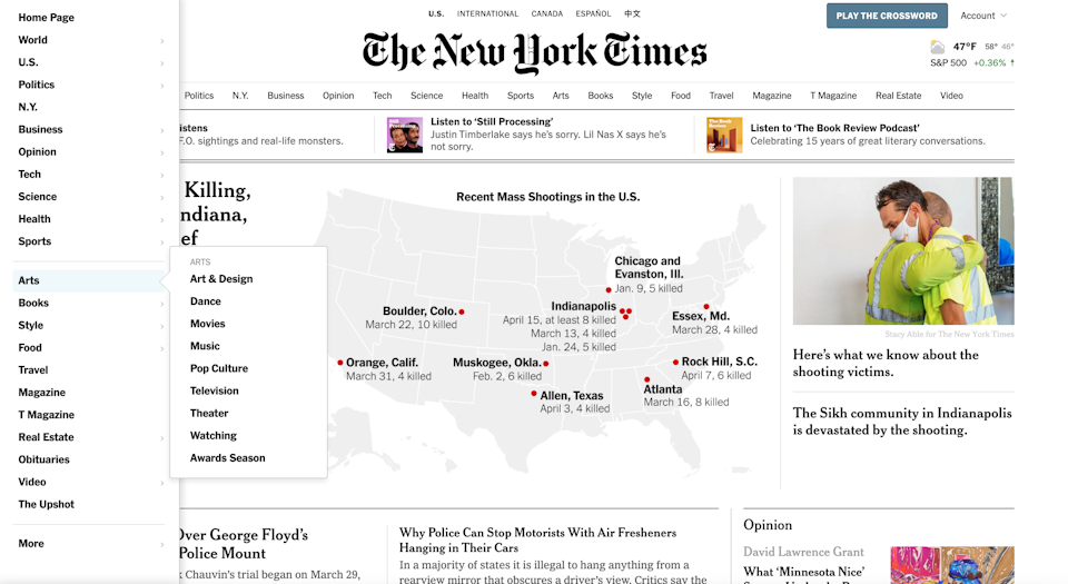 New York Times full drop down menu example