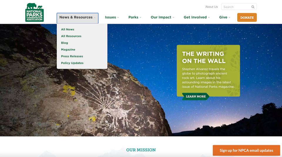 National parks website hierarchical navigation menu example