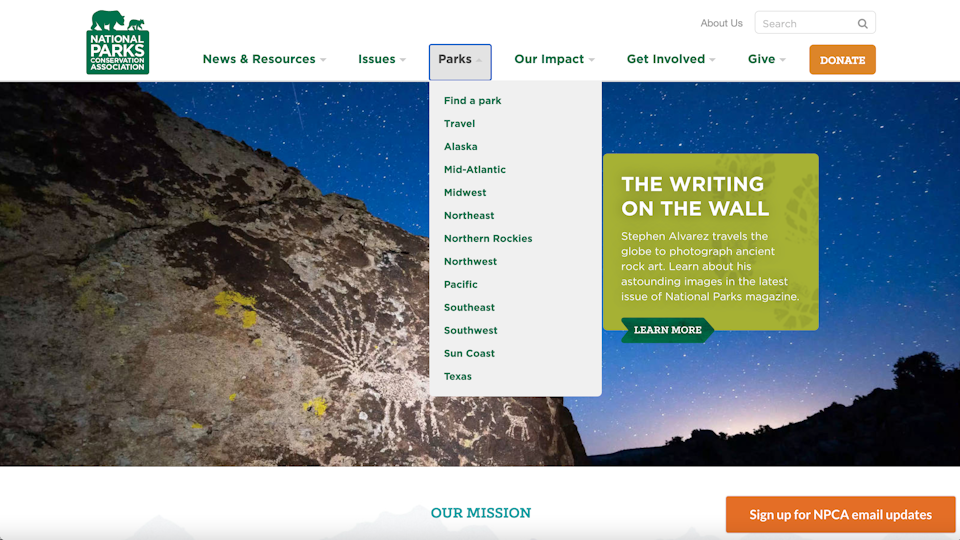 National parks website hierarchical navigation menu examples