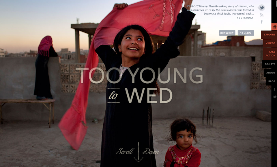 Emotion-evoking hero image example from Too Young to Wed.