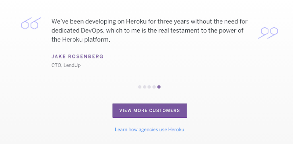Heroku uses testimonials as a sales tool on their website