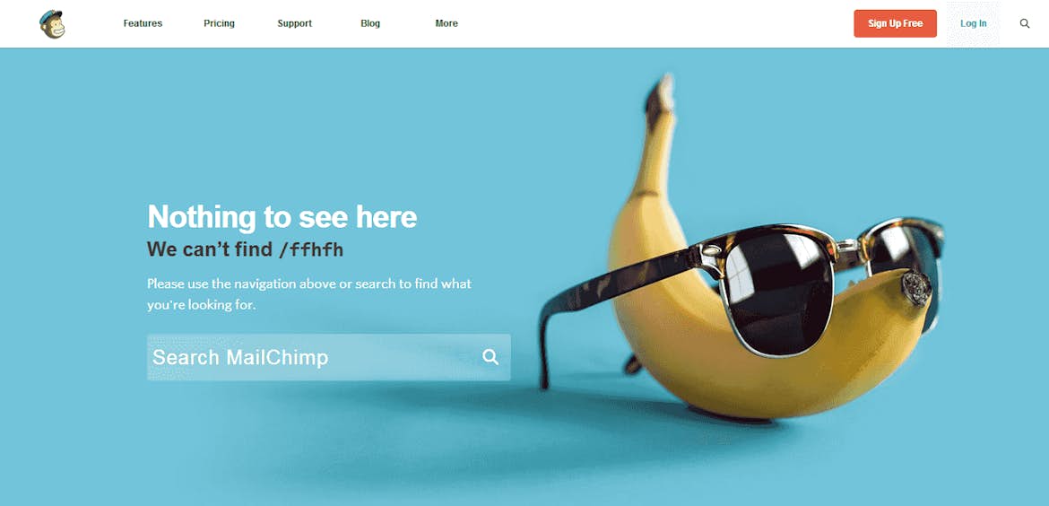 MailChimp guides users to other parts of the site on their 404 page