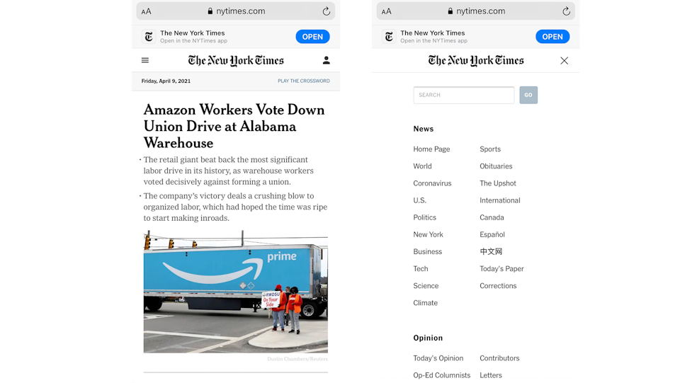 New York Times mobile side by side example